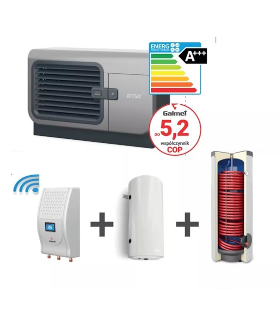 Hybrydowy system grzewczy: pompa ciepła 1F R290 Airmax3 7GT (2-9 kW) + moduł hydrauliczny Gbox + wymiennik c.w.u. do pomp ciepła Tower Grand 200 z kompletem elektrycznym 2kW + bufor 100 + centrala Smart Home Sinum GALMET