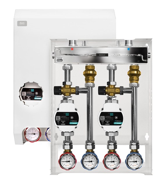 DURO SYSTEM grupa pompowa 2-sekcyjna ze sprzęgłem i obudową, 2× mieszająca (zawory KV 3,2, pompy TITANIO 25/60-130) ARKA