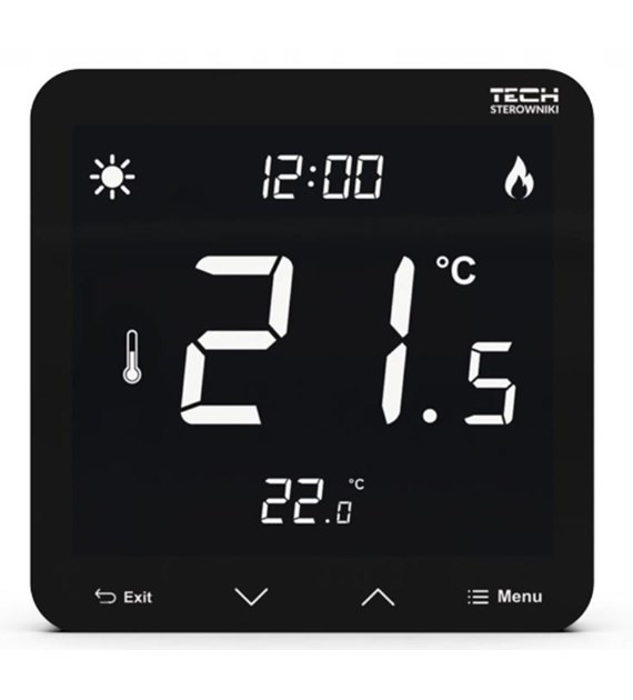 TECH Przewodowy  zasilany 230V regulator pokojowy dwustanowy (panel przedni ze szkła) czarny ST-297z v3