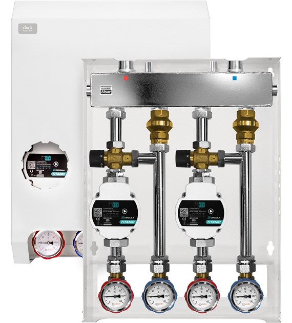 DURO SYSTEM GRUPA POMPOWA 2 SEKCJE Z ROZDZIELACZEM I OBUDOWĄ:
1 SEKCJA- Z ZAWOREM TERMOSTATYCZNYM MIESZAJĄCYM KV 1,6 M3/H Z  POMPĄ TITANIO 25/60-130 
2 SEKCJA- Z ZAWOREM TERMOSTATYCZNYM MIESZAJĄCYM KV 1,6 M3/H Z  POMPĄ TITANIO 25/60-130