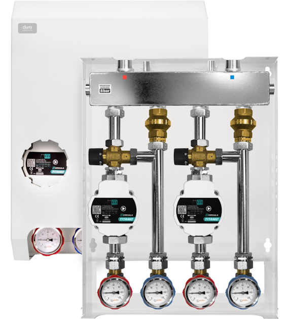 DURO SYSTEM GRUPA POMPOWA 2 SEKCJE Z ROZDZIELACZEM I OBUDOWĄ:
1 SEKCJA- Z ZAWOREM TERMOSTATYCZNYM MIESZAJĄCYM KV 1,6 M3/H Z  POMPĄ TITANIO 25/60-130 
2 SEKCJA- Z ZAWOREM TERMOSTATYCZNYM MIESZAJĄCYM KV 1,6 M3/H Z  POMPĄ TITANIO 25/60-130