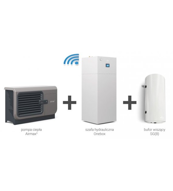 Hybrydowy system grzewczy: pompa ciepła 1F R290 Airmax3 7GT (2-9 kW) + szafa hydrauliczna Onebox z wymiennikiem c.w.u. do pomp ciepła Tower Grand 190 z kompletem elektrycznym 2kW + bufor 100 + centrala Smart Home Sinum GALMET
