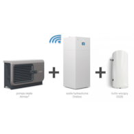 Hybrydowy system grzewczy: pompa ciepła 3F R290 Airmax3 12GT (3-15 kW) + szafa hydrauliczna Onebox z wymiennikiem c.w.u. do pomp ciepła Tower Grand 190 z kompletem elektrycznym 2kW + bufor 120 + centrala Smart Home Sinum