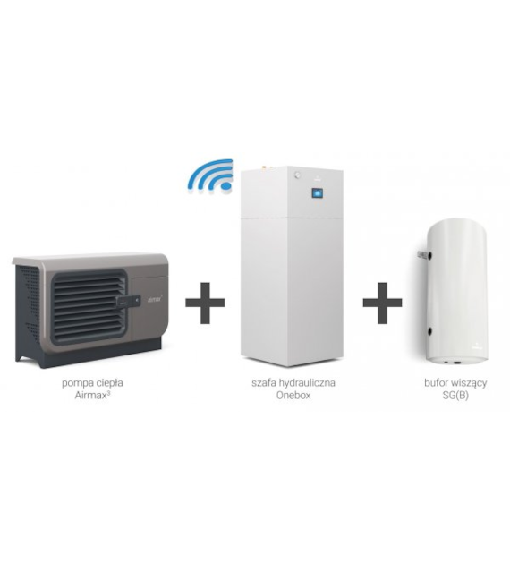 Hybrydowy system grzewczy: pompa ciepła 3F R290 Airmax3 12GT (3-15 kW) + szafa hydrauliczna Onebox z wymiennikiem c.w.u. do pomp ciepła Tower Grand 190 z kompletem elektrycznym 2kW + bufor 120 + centrala Smart Home Sinum