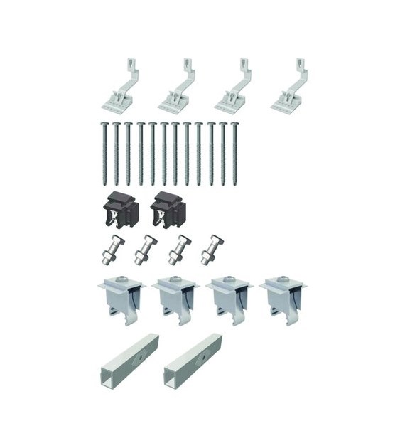 (EXT2) - zestaw rozszerzenia o 2 moduły do dachu skośnego, zawiera:
- 4 haki dachowe, standard, regulowana wysokość (0020228531)
- 12 wkrętów do drewna 6x100, stal nierdzewna (0020271098)
- 2 klipsy do mocowania przewodu elektrycznego DC (0020228533),
- 4