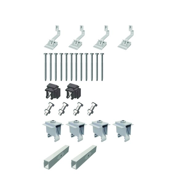 (EXT2) - zestaw rozszerzenia o 2 moduły do dachu skośnego, zawiera:
- 4 haki dachowe, standard, regulowana wysokość (0020228531)
- 12 wkrętów do drewna 6x100, stal nierdzewna (0020271098)
- 2 klipsy do mocowania przewodu elektrycznego DC (0020228533),
- 4