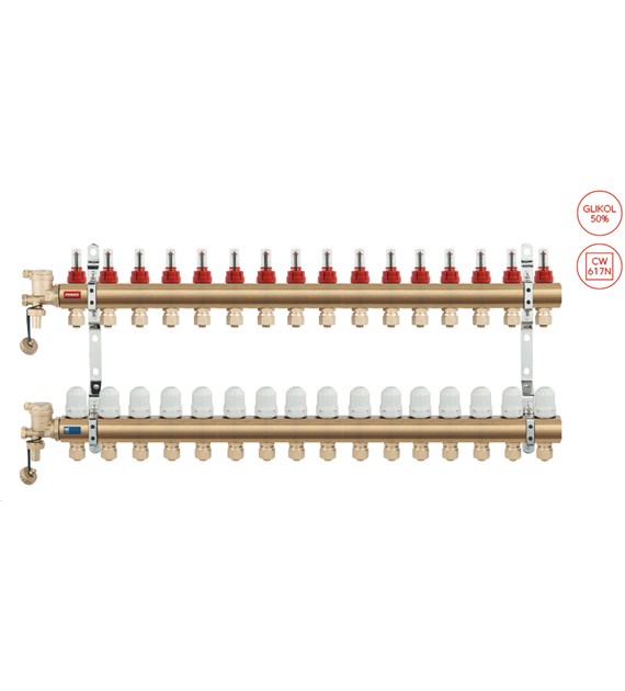 Rozdzielacz do ogrzewania podłogowego z rotametrami 16 obwody mosiężny FERRO
