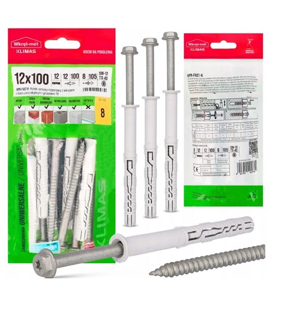 Kołki ramowe rozporowe z wkrętem z łbem sześciokątnym 12x100 (8 szt.) i gniazdem TX WKRĘT-MET KLIMAS