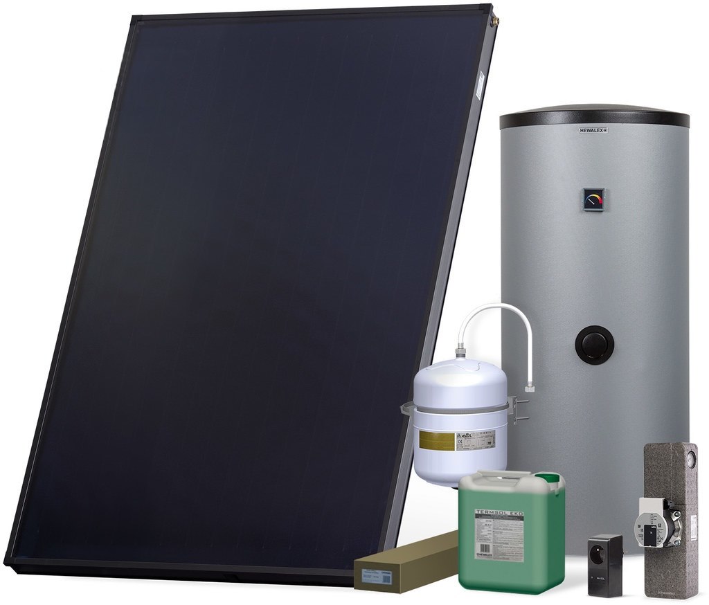 Zestaw solarny Komfort HX200-1KS2600.W001 Zestaw solarny Komfort  dla 1-3 osób: kolektor słoneczny KS2600 (1 szt.), zespół pompowy ALEX HX10 MS (ze sterownikiem MiniSOL), podgrzewacz dwuwężownicowy 200l