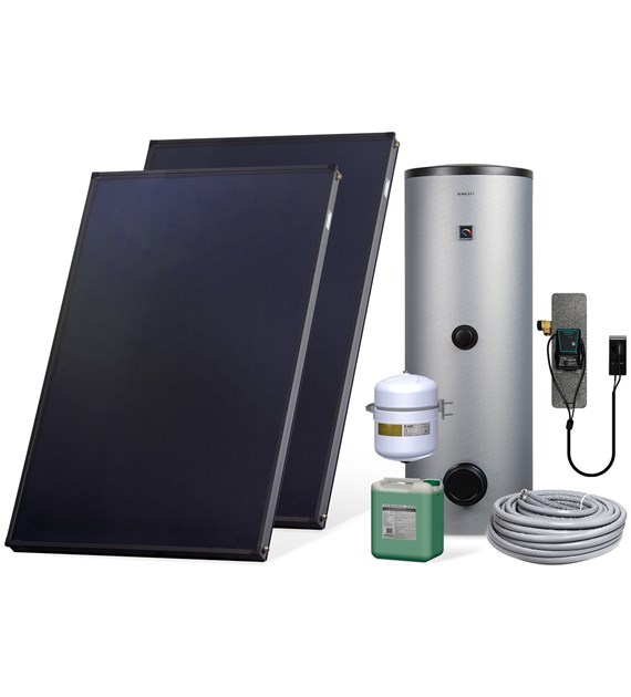 Zestaw solarny Komfort HX300-2KS2600.S011 Zestaw solarny Komfort dla 4-5 osób: kolektor słoneczny KS2600 (2 szt.), zespół pompowy ALEX HX10 MS (ze sterownikiem MiniSOL), podgrzewacz dwuwężownicowy 300l