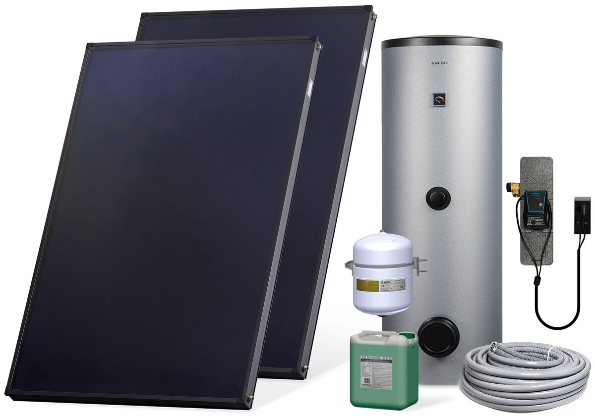 Zestaw solarny Komfort HX300-2KS2600.S011 Zestaw solarny Komfort dla 4-5 osób: kolektor słoneczny KS2600 (2 szt.), zespół pompowy ALEX HX10 MS (ze sterownikiem MiniSOL), podgrzewacz dwuwężownicowy 300l